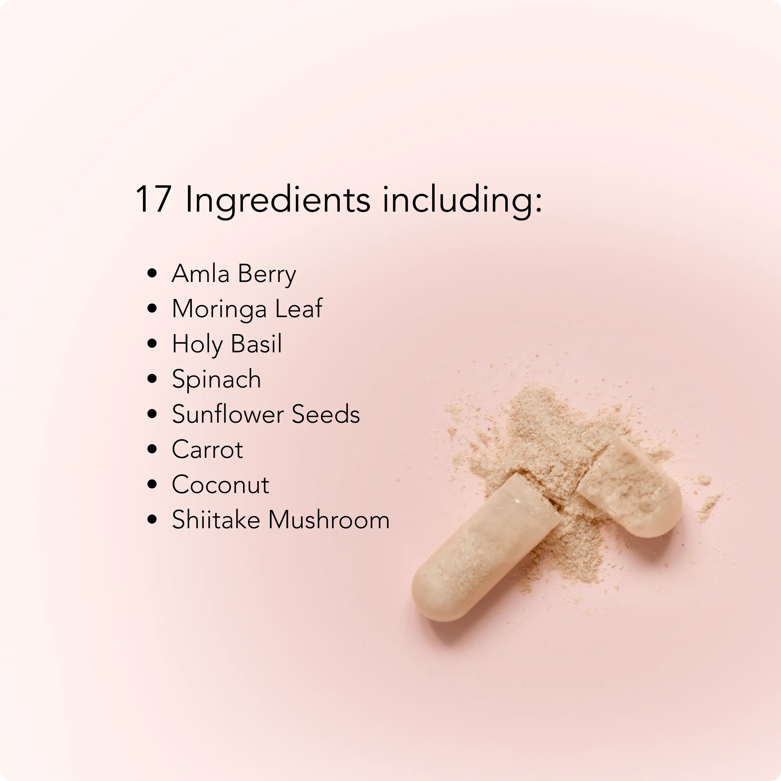 Image of moodeys capsule on pink background displaying ingredients for the moodeys multivitamin