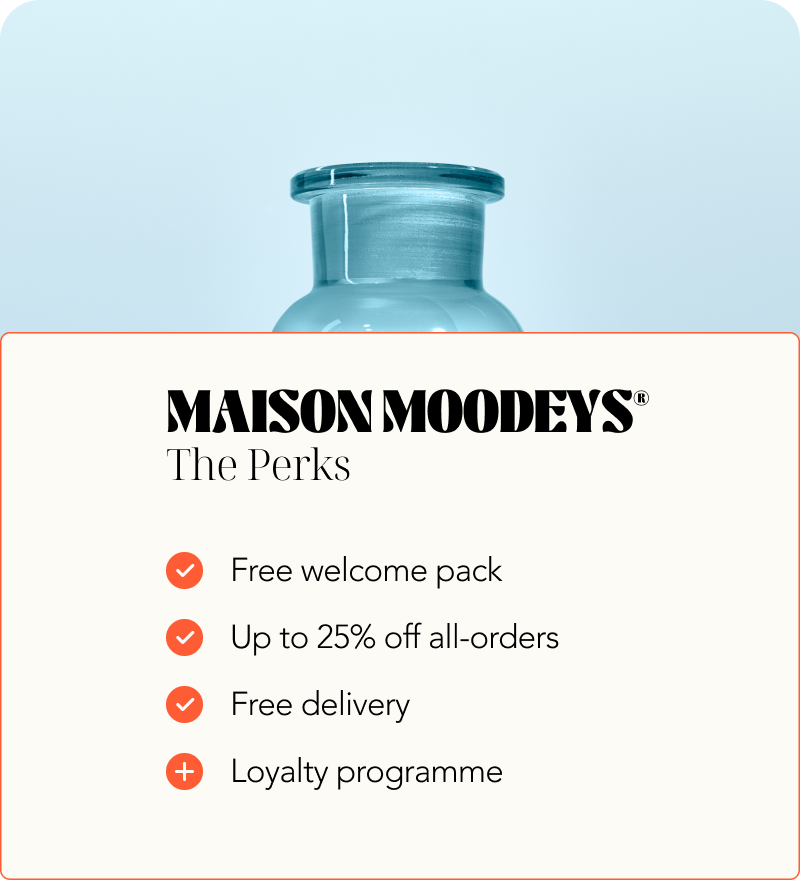 Infographic showing perks of Maison Moodeys against bottle of Happy Hour