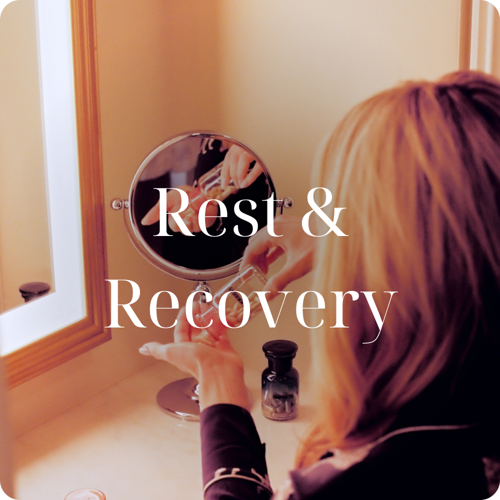 Image of woman taking Wake-Up Call with the text Rest & Recovery over the top