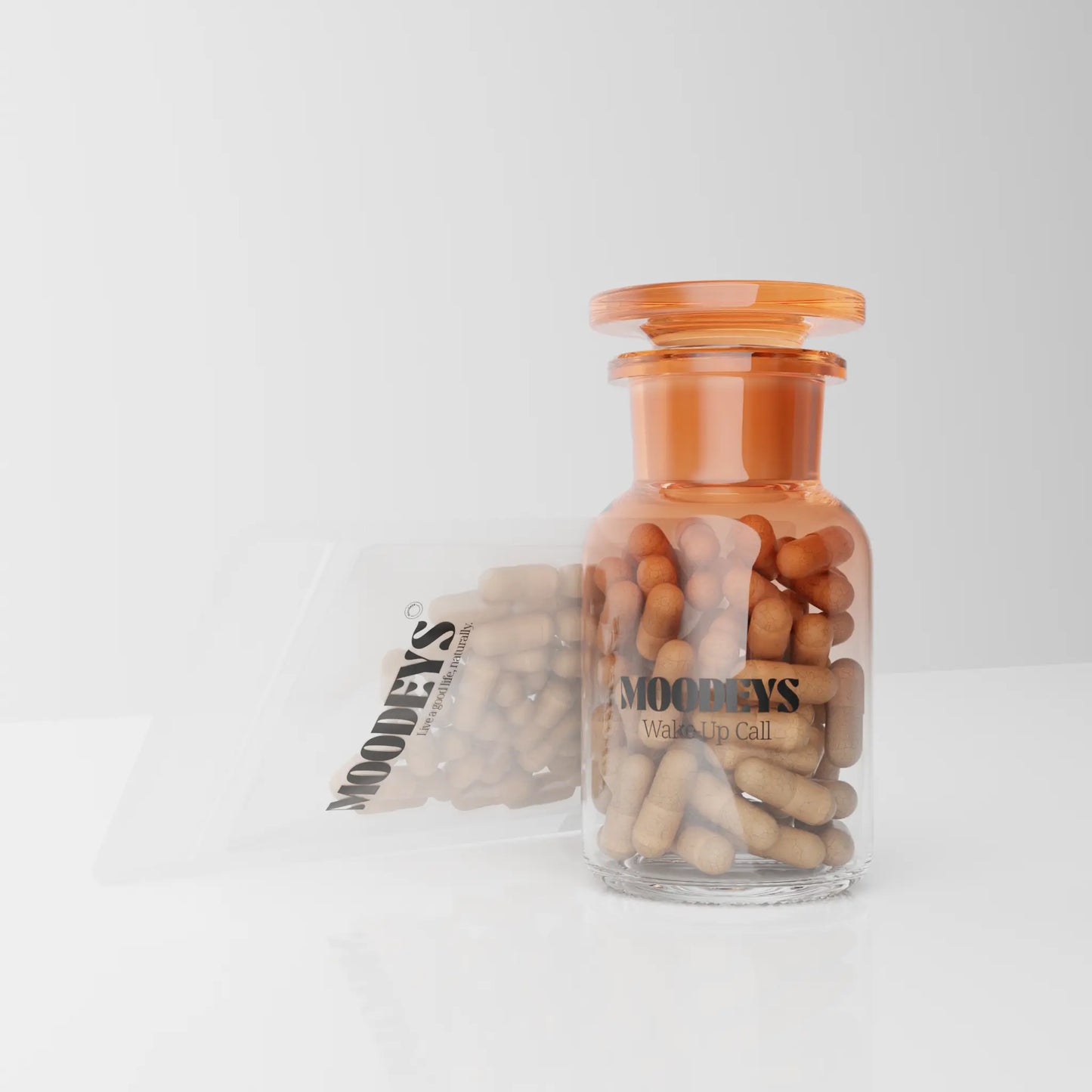 Wake up call - cognitive focus supplement bottle and pouch